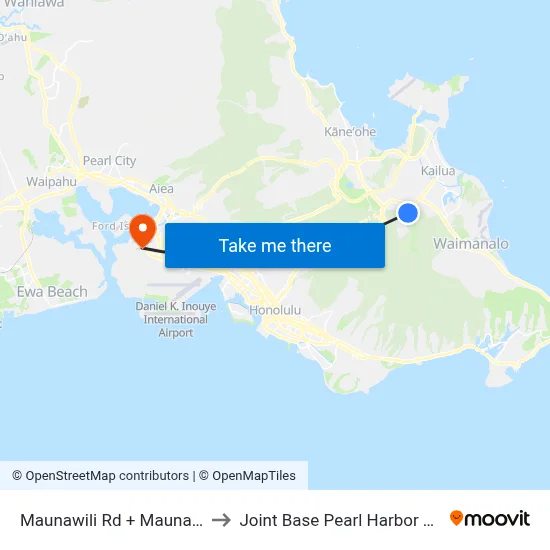 Maunawili Rd + Maunawili Lp to Joint Base Pearl Harbor Hickam map