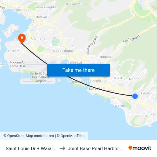 Saint Louis Dr + Waialae Ave to Joint Base Pearl Harbor Hickam map