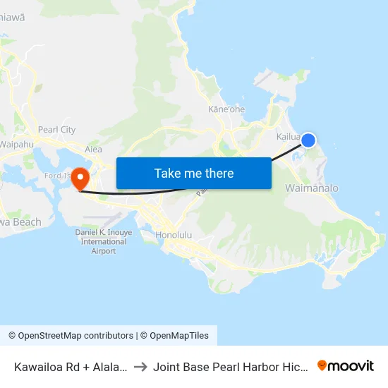 Kawailoa Rd + Alala Rd to Joint Base Pearl Harbor Hickam map