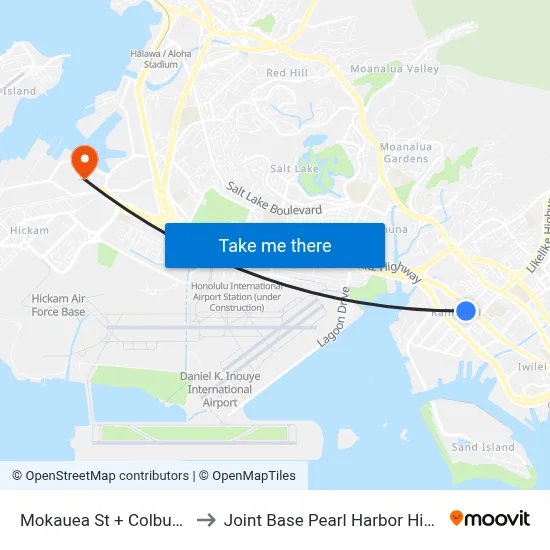 Mokauea St + Colburn St to Joint Base Pearl Harbor Hickam map