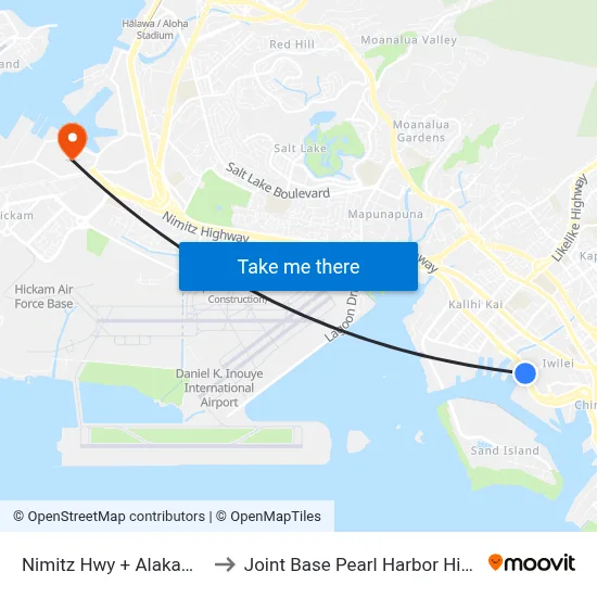 Nimitz Hwy + Alakawa St to Joint Base Pearl Harbor Hickam map