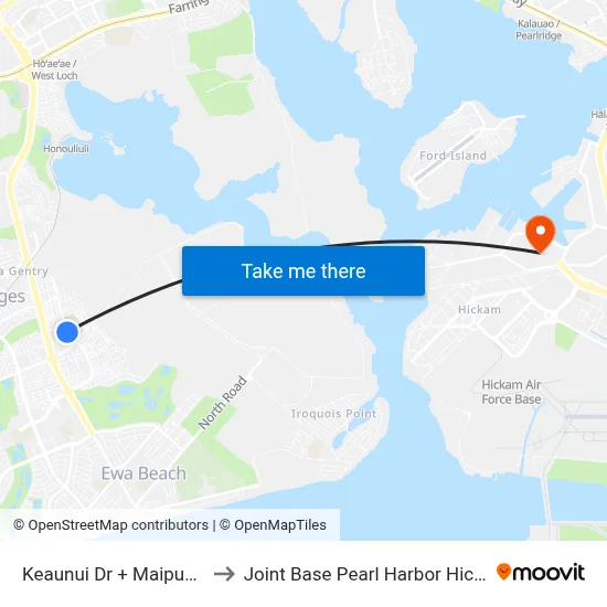 Keaunui Dr + Maipuhi St to Joint Base Pearl Harbor Hickam map
