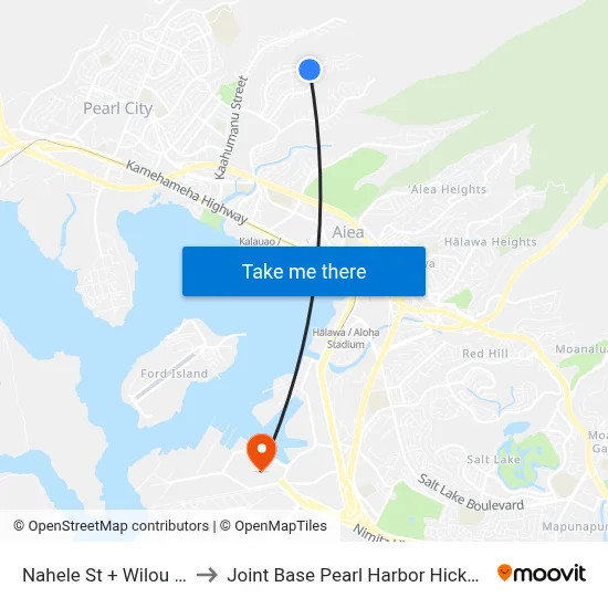 Nahele St + Wilou St to Joint Base Pearl Harbor Hickam map