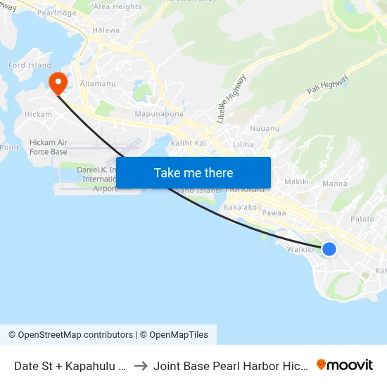Date St + Kapahulu Ave to Joint Base Pearl Harbor Hickam map