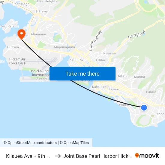 Kilauea Ave + 9th Ave to Joint Base Pearl Harbor Hickam map