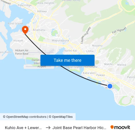 Kuhio Ave + Lewers St to Joint Base Pearl Harbor Hickam map