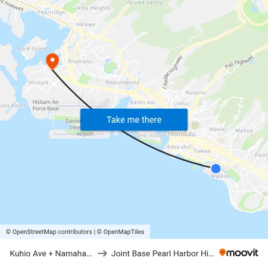 Kuhio Ave + Namahana St to Joint Base Pearl Harbor Hickam map