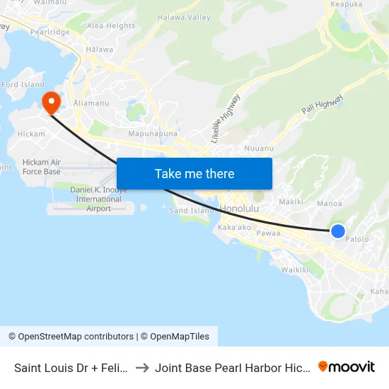 Saint Louis Dr + Felix St to Joint Base Pearl Harbor Hickam map