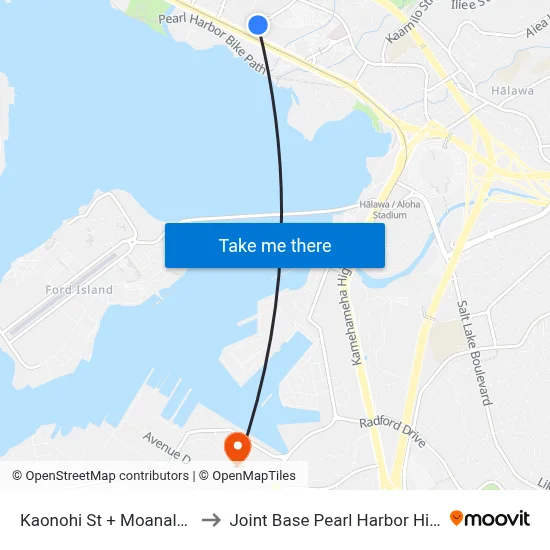 Kaonohi St + Moanalua Lp to Joint Base Pearl Harbor Hickam map
