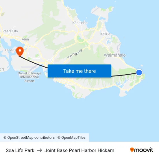 Sea Life Park to Joint Base Pearl Harbor Hickam map