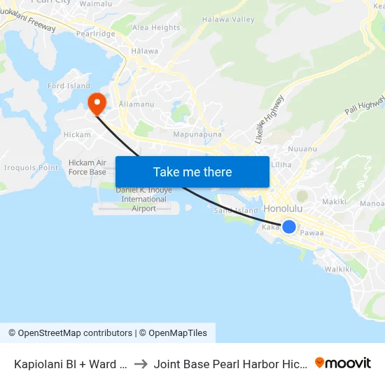Kapiolani Bl + Ward Ave to Joint Base Pearl Harbor Hickam map