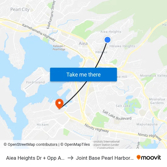 Aiea Heights Dr + Opp Auamo St to Joint Base Pearl Harbor Hickam map