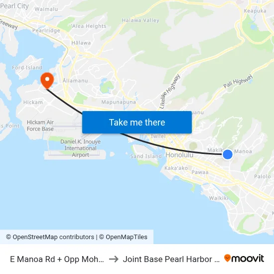 E Manoa Rd + Opp Mohala Way to Joint Base Pearl Harbor Hickam map