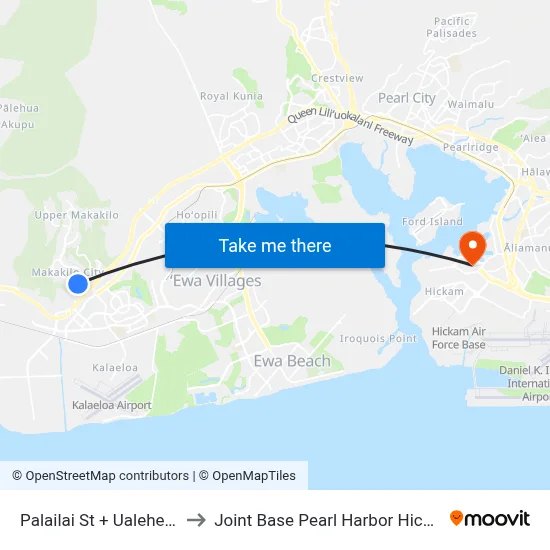 Palailai St + Ualehei St to Joint Base Pearl Harbor Hickam map