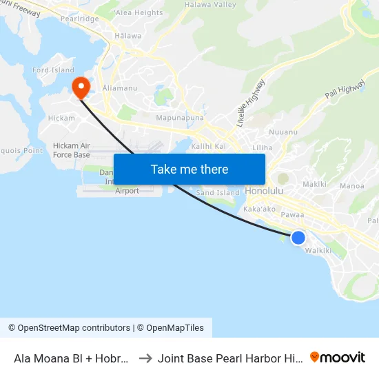 Ala Moana Bl + Hobron Ln to Joint Base Pearl Harbor Hickam map