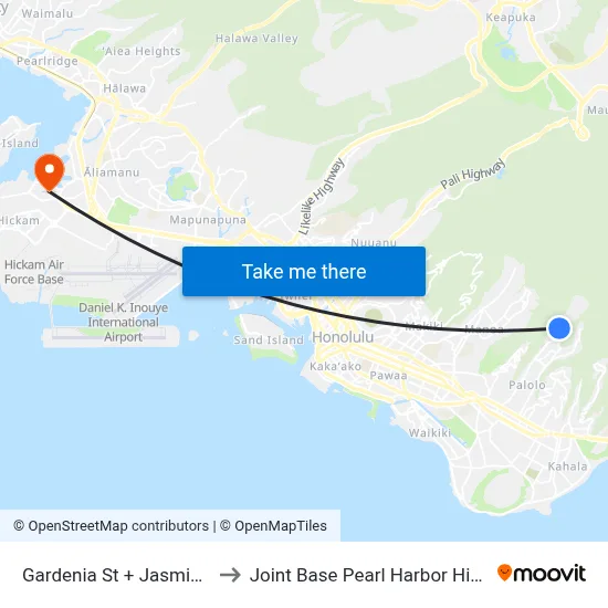 Gardenia St + Jasmine St to Joint Base Pearl Harbor Hickam map