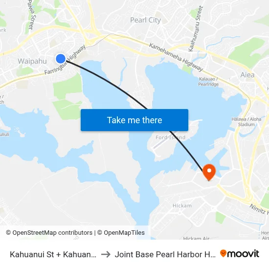 Kahuanui St + Kahuanani St to Joint Base Pearl Harbor Hickam map