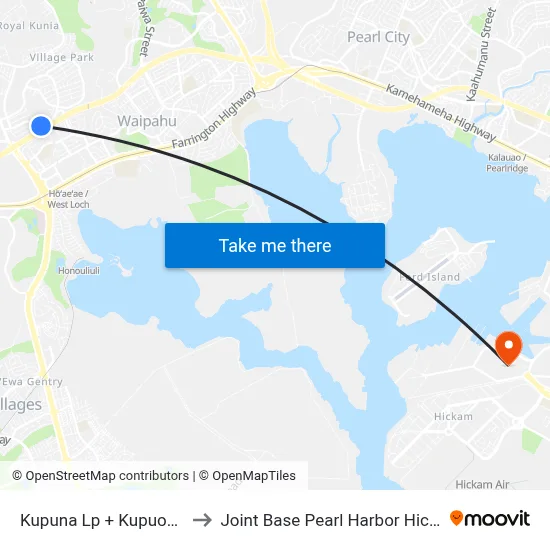 Kupuna Lp + Kupuohi St to Joint Base Pearl Harbor Hickam map