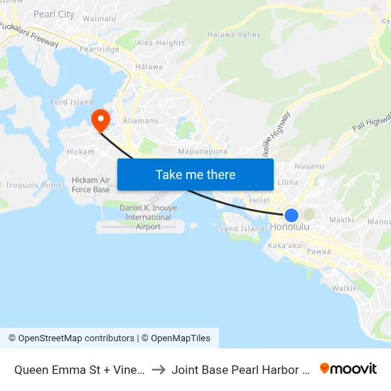 Queen Emma St + Vineyard Bl to Joint Base Pearl Harbor Hickam map