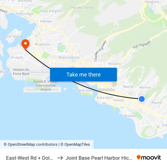 East-West Rd + Dole St to Joint Base Pearl Harbor Hickam map