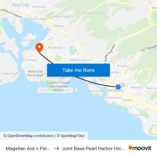 Magellan Ave + Pele St to Joint Base Pearl Harbor Hickam map