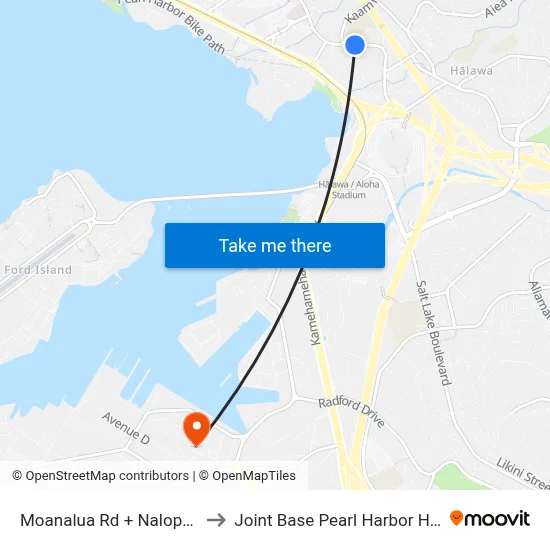 Moanalua Rd + Nalopaka Pl to Joint Base Pearl Harbor Hickam map