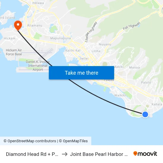 Diamond Head Rd + Poka St to Joint Base Pearl Harbor Hickam map