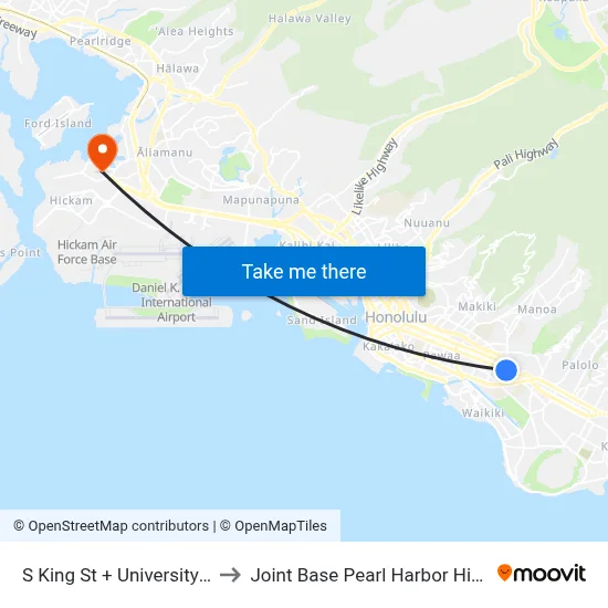 S King St + University Ave to Joint Base Pearl Harbor Hickam map