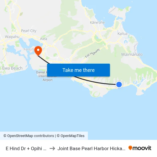 E Hind Dr + Opihi St to Joint Base Pearl Harbor Hickam map