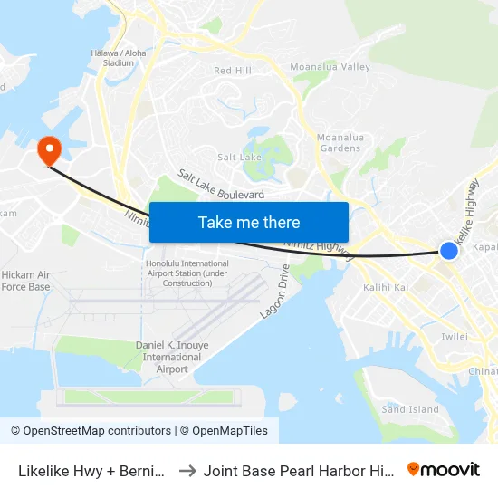 Likelike Hwy + Bernice St to Joint Base Pearl Harbor Hickam map