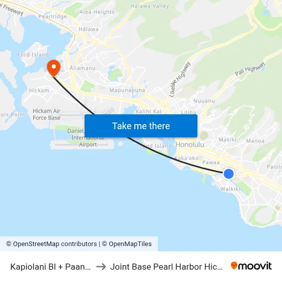 Kapiolani Bl + Paani St to Joint Base Pearl Harbor Hickam map