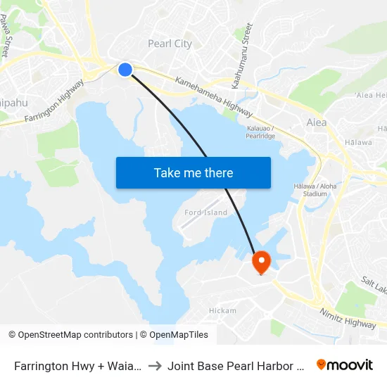 Farrington Hwy + Waiawa Rd to Joint Base Pearl Harbor Hickam map