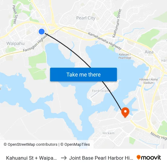 Kahuanui St + Waipahu St to Joint Base Pearl Harbor Hickam map