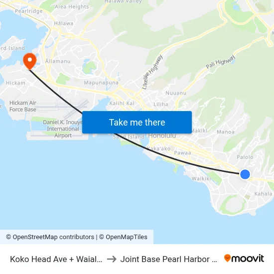 Koko Head Ave + Waialae Ave to Joint Base Pearl Harbor Hickam map