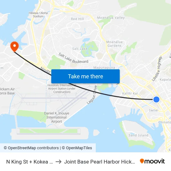 N King St + Kokea St to Joint Base Pearl Harbor Hickam map