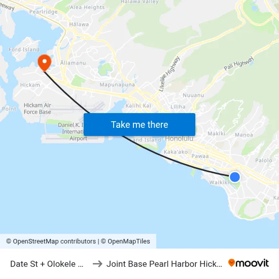 Date St + Olokele Ave to Joint Base Pearl Harbor Hickam map