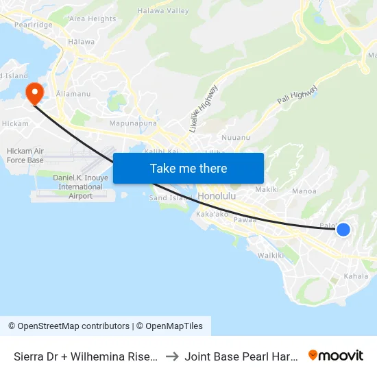 Sierra Dr + Wilhemina Rise (4260 Block) to Joint Base Pearl Harbor Hickam map
