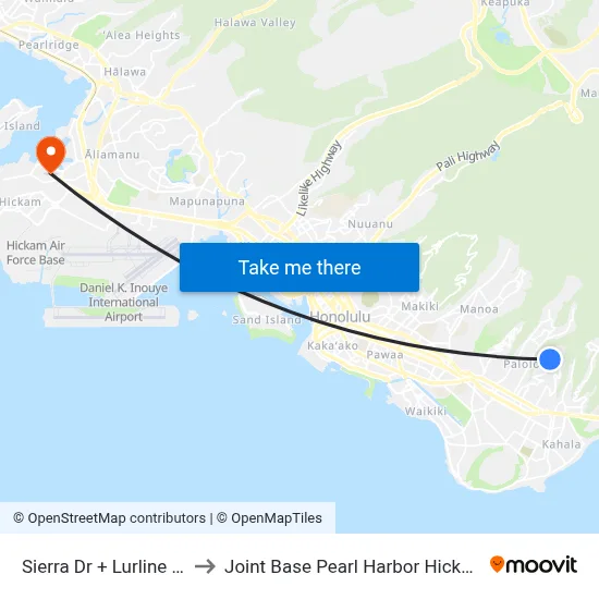 Sierra Dr + Lurline Dr to Joint Base Pearl Harbor Hickam map