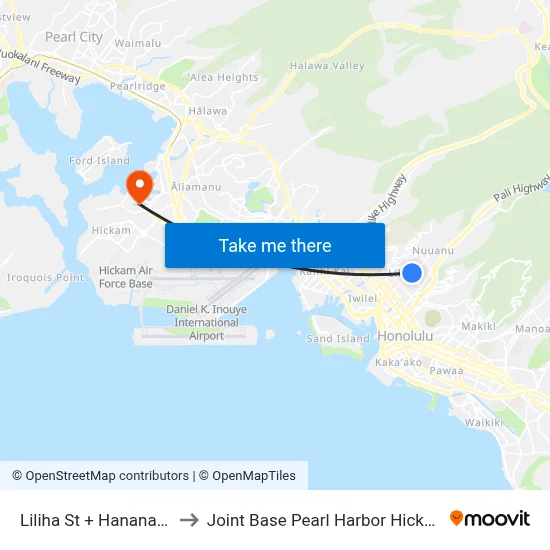 Liliha St + Hanana Pl to Joint Base Pearl Harbor Hickam map