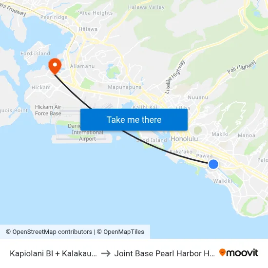 Kapiolani Bl + Kalakaua Ave to Joint Base Pearl Harbor Hickam map