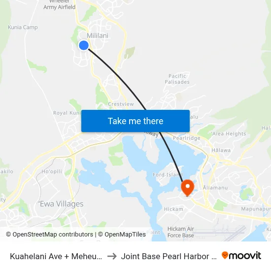 Kuahelani Ave + Meheula Pkwy to Joint Base Pearl Harbor Hickam map