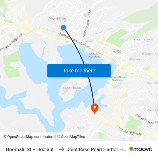 Hoomalu St + Hoolaulea St to Joint Base Pearl Harbor Hickam map