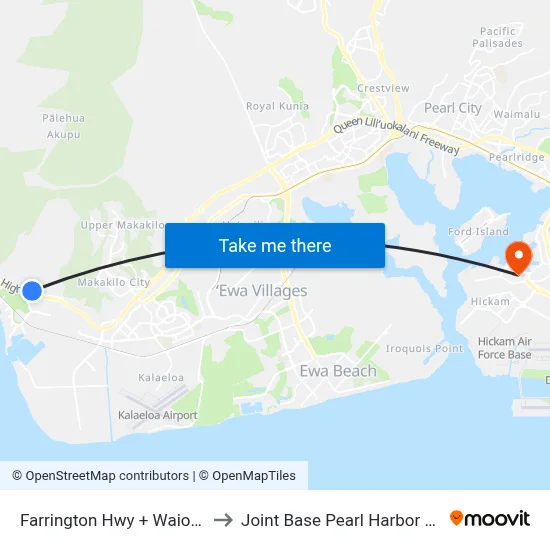 Farrington Hwy + Waiomea St to Joint Base Pearl Harbor Hickam map