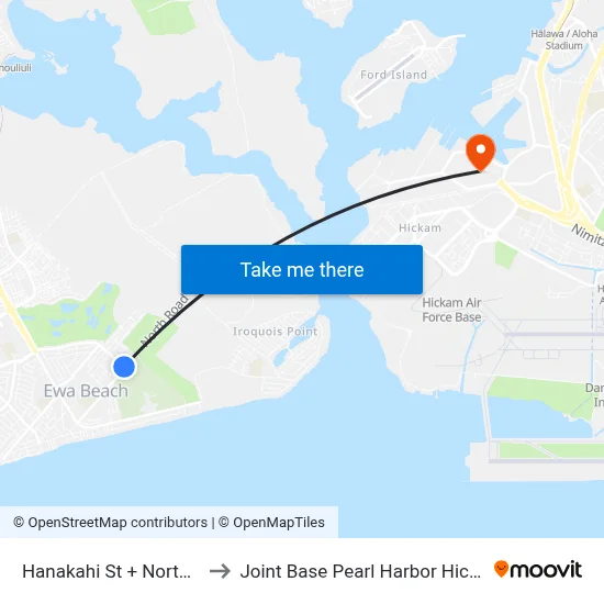 Hanakahi St + North Rd to Joint Base Pearl Harbor Hickam map