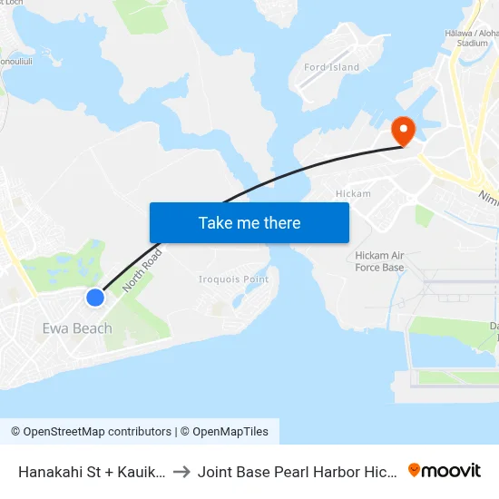 Hanakahi St + Kauiki St to Joint Base Pearl Harbor Hickam map