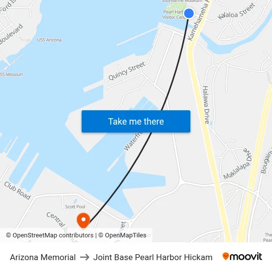Arizona Memorial to Joint Base Pearl Harbor Hickam map