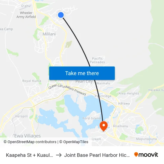 Kaapeha St + Kuauli St to Joint Base Pearl Harbor Hickam map