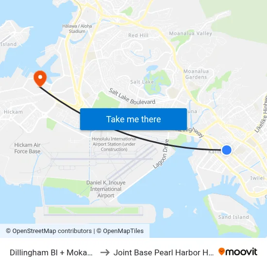 Dillingham Bl + Mokauea St to Joint Base Pearl Harbor Hickam map