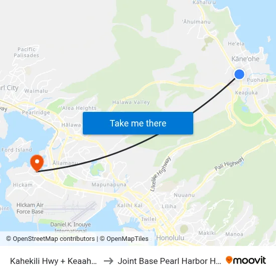 Kahekili Hwy + Keaahala Rd to Joint Base Pearl Harbor Hickam map