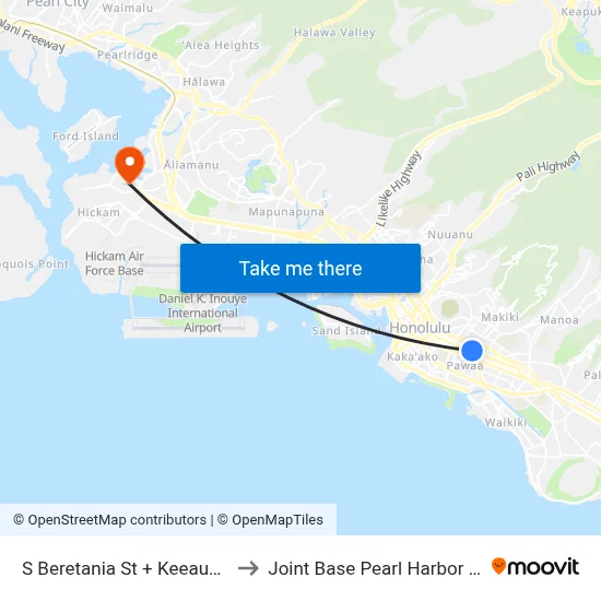 S Beretania St + Keeaumoku St to Joint Base Pearl Harbor Hickam map